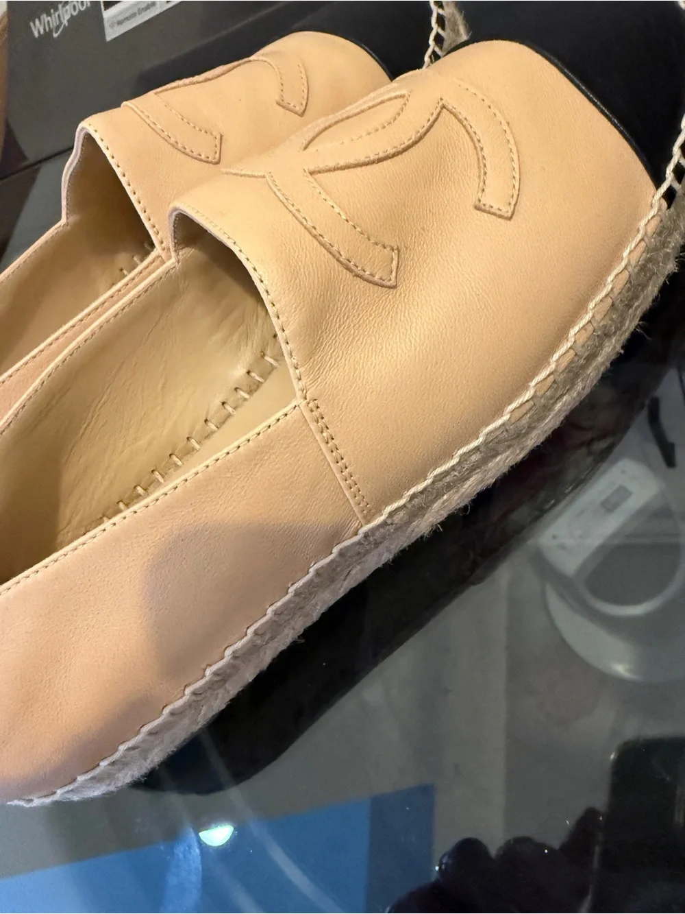 Authentic  CHANEL Beige and Black Leather Espadrille Slip-Ons